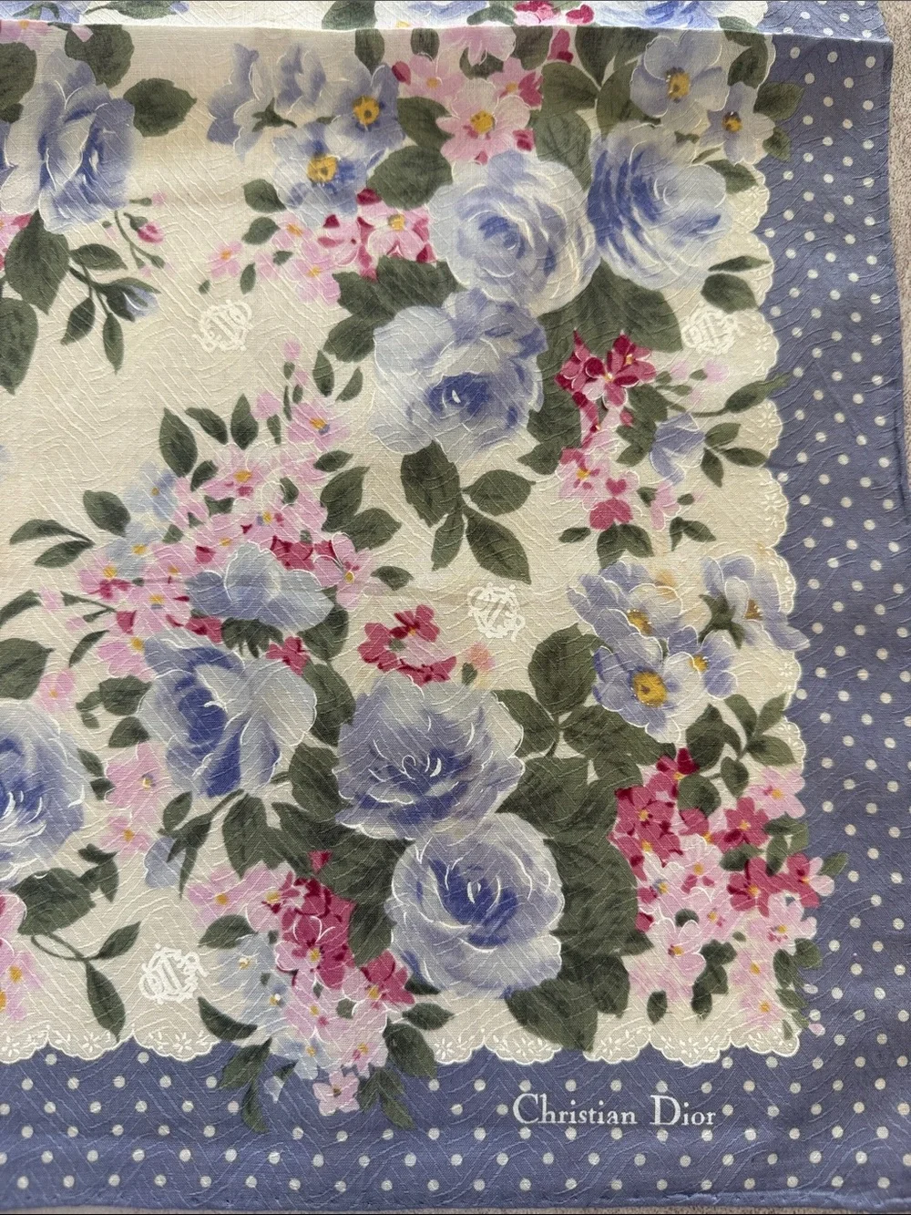 Vintage Dior Polka Dot Border Floral Scarf in Blue, Pink, Green and Cream
